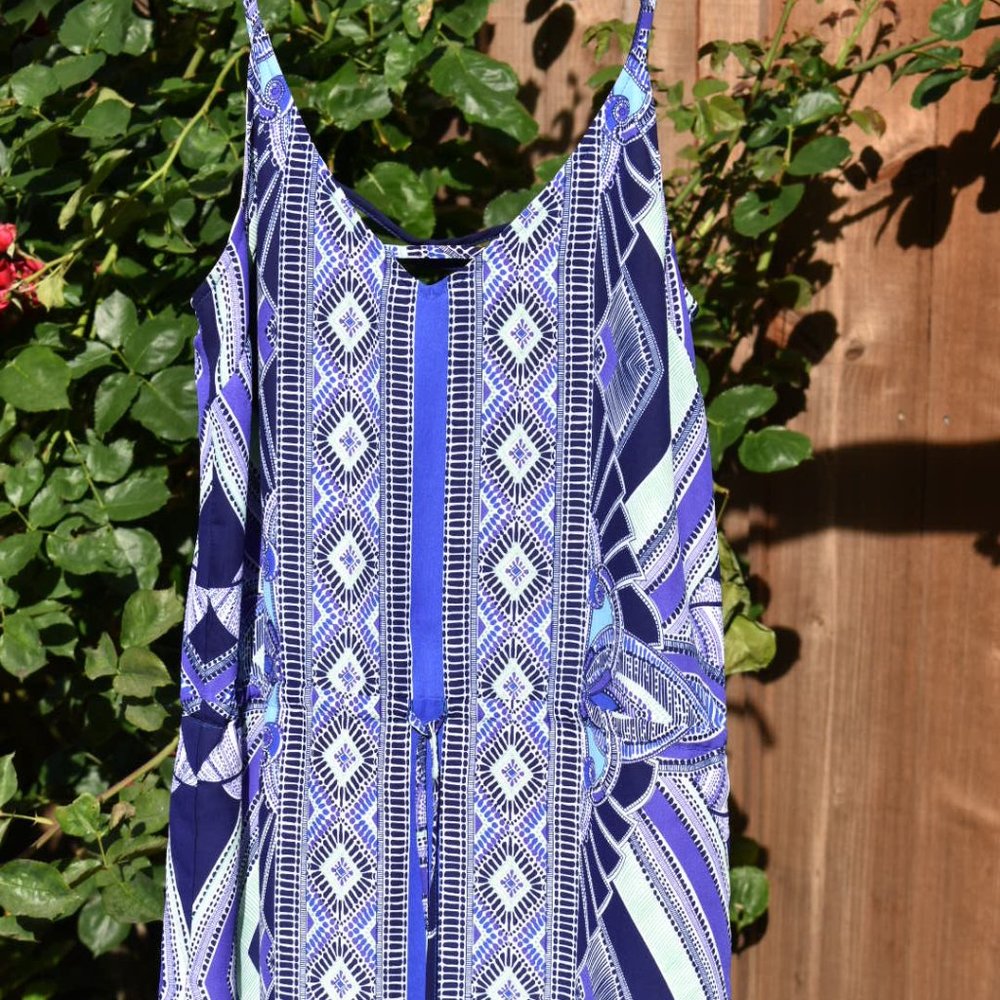 Blue Multi-Patterned Dress with Waist Tie
